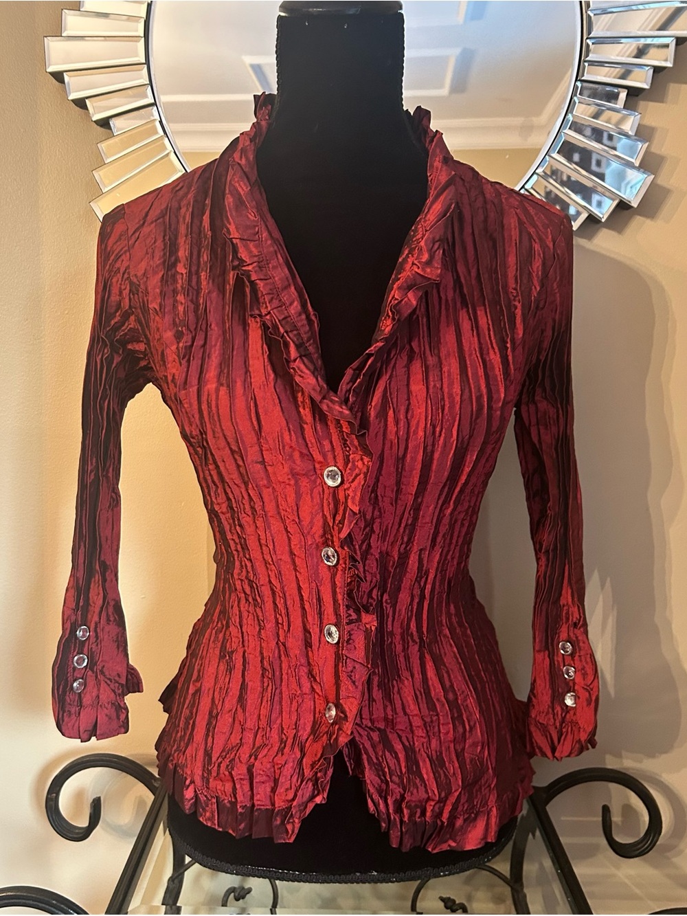 Ara Burgundy Crinkled Button-Down Ruffle Blouse